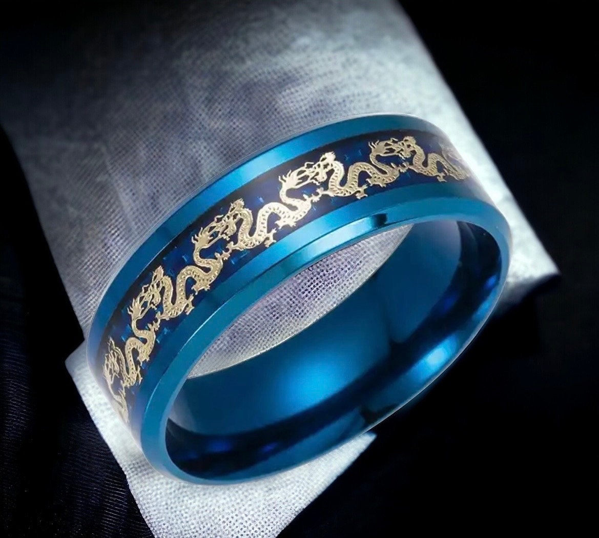 Celtic Dragon Ring, Dark Blue Band Rings, Cool Dragon Men Ring, Black/Blue Ring, Gift Him, Men Thumb Rings, Birthday Gift, Jewelry for Men