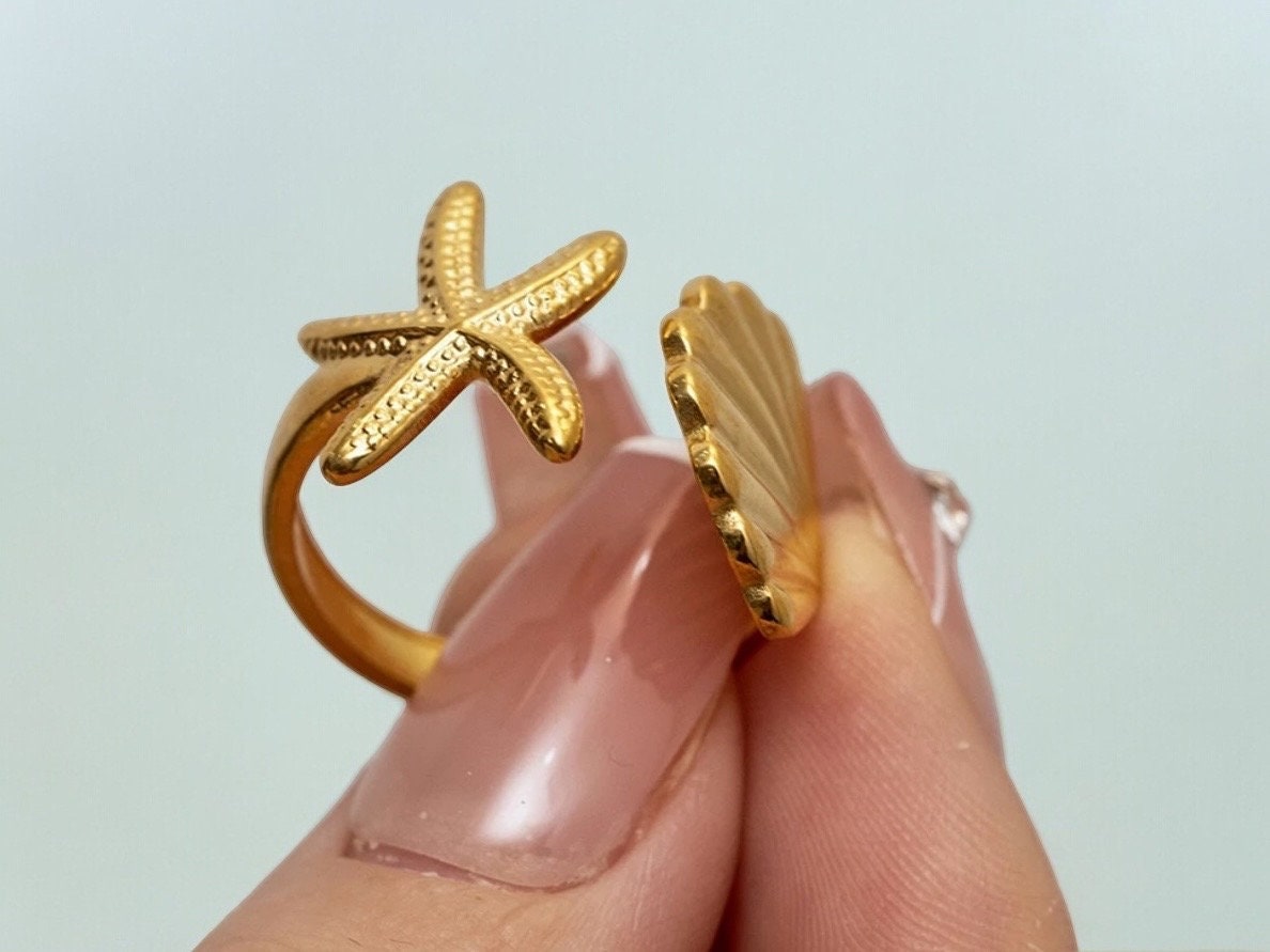 Starfish and Shell 18k Gold Plated Ring, Beach Ring, Surfer Ring, Summer Ring, Shell Ring, Summer Vibe Jewelry, Beach Jewelry, Y2K Jewelry