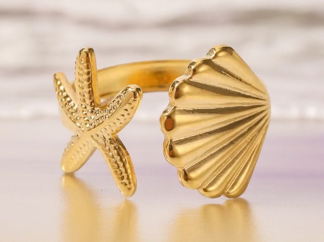 Starfish and Shell 18k Gold Plated Ring, Beach Ring, Surfer Ring, Summer Ring, Shell Ring, Summer Vibe Jewelry, Beach Jewelry, Y2K Jewelry