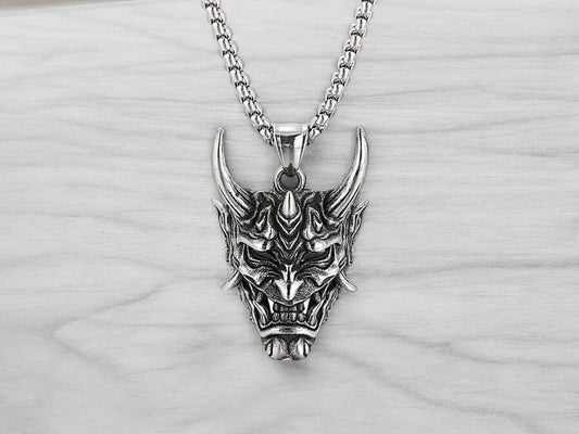 Japanese Samurai Oni Pendant Necklaces for Men - Jewelry Long Chain Chokers, Japanese Culture Asian Jewelry, Boyfriend Gifts, Silver Chain